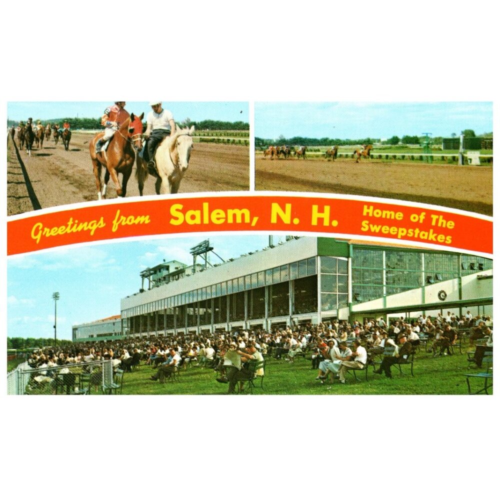 Postcard Chrome era Greetings from Salem New Hampshire Home of the Sweepstakes